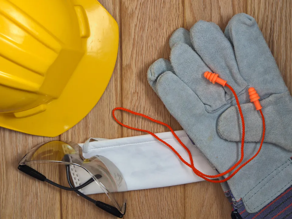 Hard hat, work gloves, safety glasses and earplugs on wood